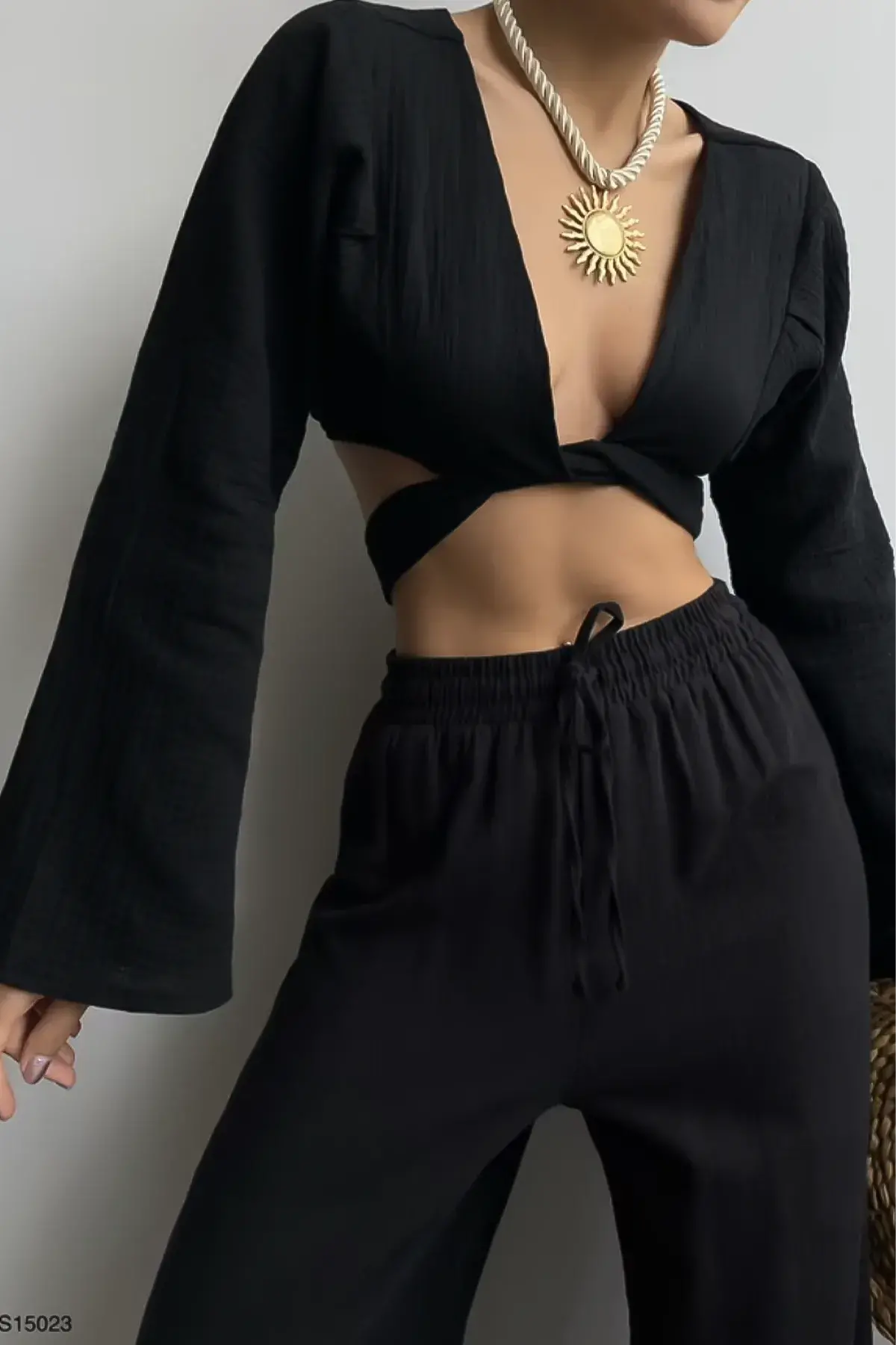 Flounce Sleeve Tied Blouse Black 
