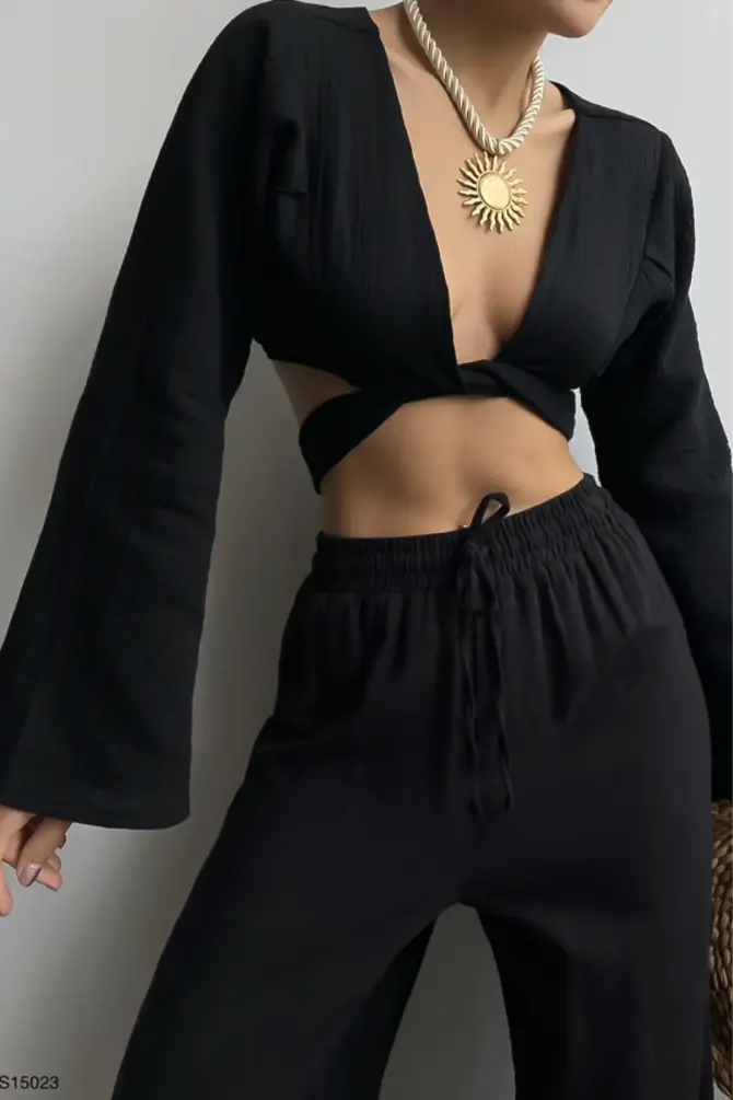 Flounce Sleeve Tied Blouse Black - 1