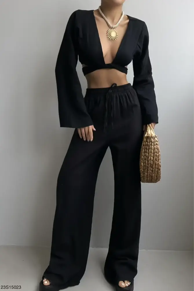 Flounce Sleeve Tied Blouse Black - 2