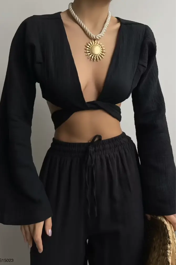 Flounce Sleeve Tied Blouse Black - 3
