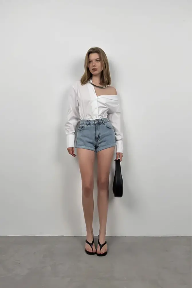 Duble Paça Denim Şort - 5