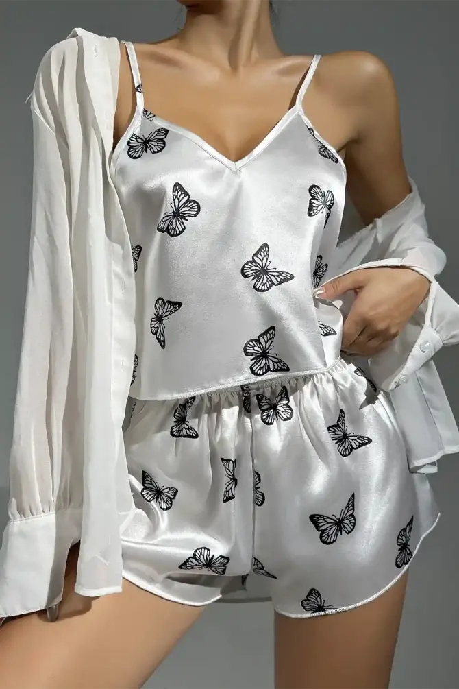 Kelebek Desenli Saten Pijama Takımı - 1