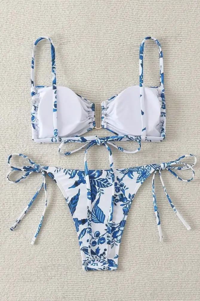 Mavi Çiçek Desenli Bikini Seti - 3