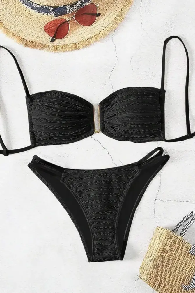 Siyah Dantel Detaylı Bandeau Bikini Takımı - 1