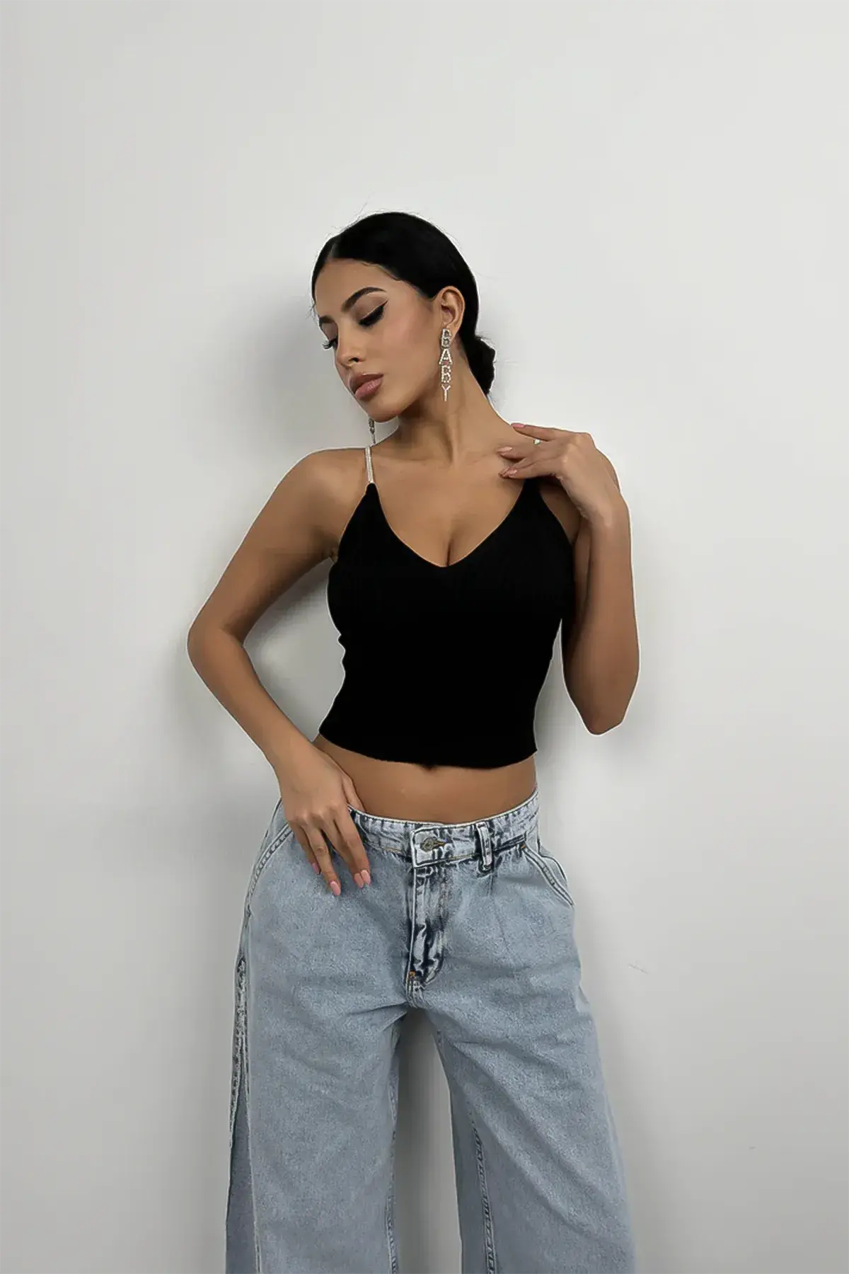 Taş Askılı Triko Bluz Siyah