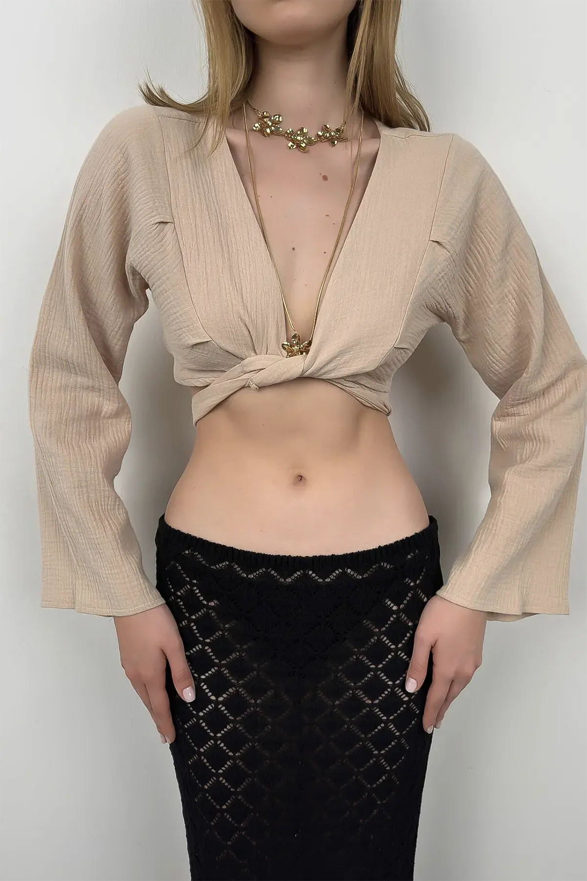 Flounce Sleeve Tied Blouse Beige 
